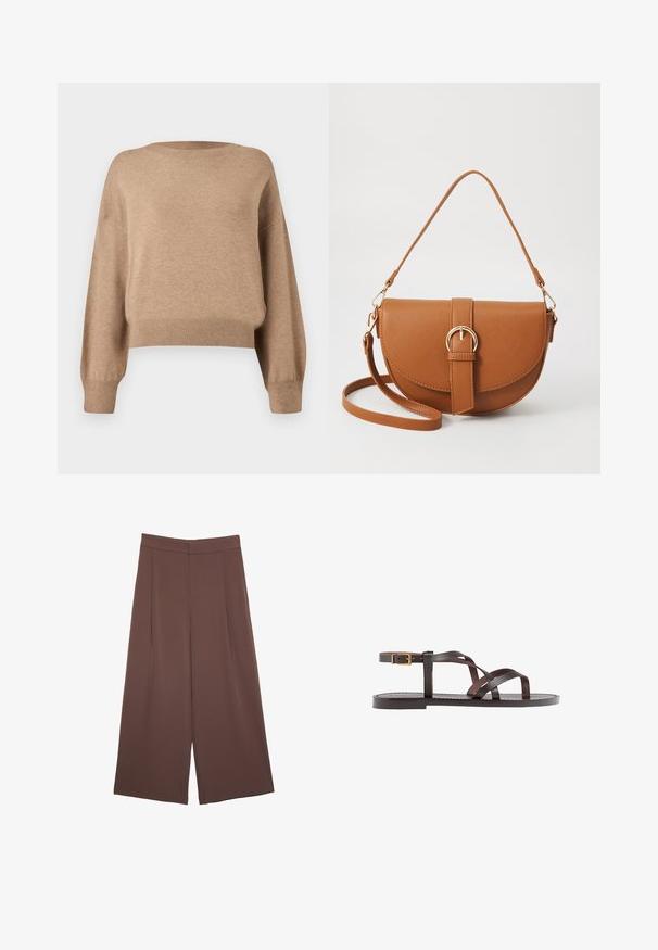 Knitted sweater in a light brown hue. Features a round neckline, dropped shoulders, and ribbed cuffs and hem. Soft texture and cropped design.; Brown wide-leg trousers with a smooth texture, featuring a high waist and front pleats. The fabric is lightweight and flows loosely.; Brown leather sandal featuring crisscross straps, an ankle buckle closure, and a flat sole with minimal stitching details.; Brown leather crossbody bag with a curved shape, gold hardware, and a buckle accent. Features a detachable shoulder strap.