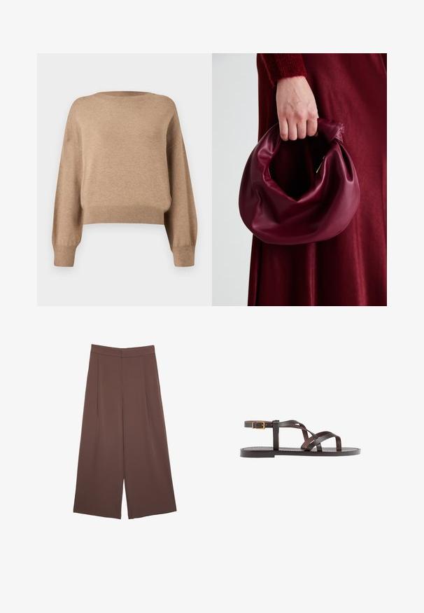 Pletený svetr ve světlé hnědé barvě. Má kulatý výstřih, spadlá ramena a žebrované manžety a lem. Měkká textura a zkrácený střih.; Hnědé široké kalhoty s hladkou texturou, vysokým pasem a předními záhyby. Materiál je lehký a volně splývá.; Hnědé kožené sandály s kříženými pásky, uzavřením na přezku u kotníku a plochou podrážkou s minimem švů.; Burgundská kožená kabelka s měkkým, nabíraným designem a zaobleným tvarem. Ucho je zajištěné a vykazuje hladkou texturu.