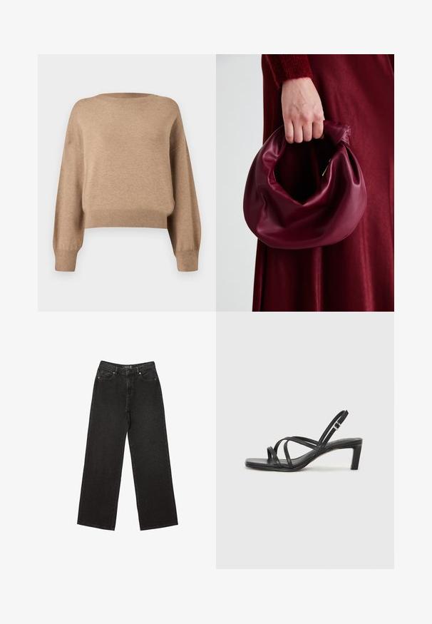 Dzianinowy sweter w jasnobrązowym odcieniu. Posiada okrągły dekolt, opadające ramiona oraz ściągacze na mankietach i u dołu. Miękka faktura i krótki fason.; Czarne dżinsy o szerokich nogawkach, wykonane z denimu, w małe kropeczki, klasyczny pięć kieszeniowy fason oraz zapięcie na guzik i suwak.; Czarne sandały na obcasie z prostokątnym noskiem i niskim słupkowym obcasem. Posiadają wiele cienkich pasków i regulowany pasek na kostkę. Wykonane z gładkiej skóry.; Bordowa skórzana torebka o miękkim, marszczonym wyglądzie i zaokrąglonym kształcie. Uchwyt jest zabezpieczony, co podkreśla gładką fakturę.