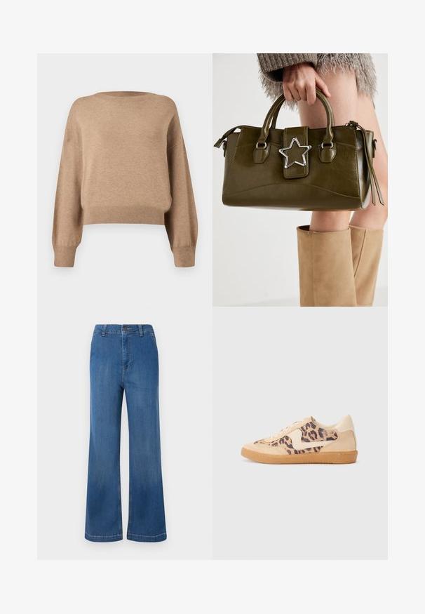 Pull en tricot de couleur marron clair. Présente un col rond, des épaules basses et des poignets et un ourlet côtelés. Texture douce et coupe courte.; Jeans en denim bleu à jambe large avec taille haute, dotés d'une fermeture à bouton, de cinq poches et d'une texture délavée.; Baskets en imprimé léopard avec tige en suède beige, semelle en caoutchouc tan et accents blancs. Bout rond et design à lacets avec une finition texturée.; Sac à main en simili cuir vert olive avec accent étoilé argenté, deux poignées et fermeture éclair. Surface texturée et forme structurée.