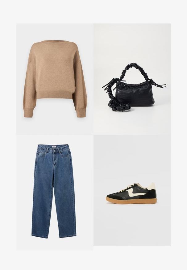 Striktrøje i en lys brun nuance. Har rund halsudskæring, dropperede skuldre samt ribkantede ærmer og nederste kant. Blød tekstur og kort design.; Klassiske blå denimbukser med lige ben, fem lommer og knaplukning. Har en medium vask og en robust tekstur.; Sorte ruskinds- og lædersneakers med en cremefarvet side-swoosh og lys cremefarvet hæl. Har beige snørebånd og en gummirubber-sål.; Sort kunstlæder håndtaske med krokodilteksur, indsnøret top og en sammenkrøben rem. Ser blød og kompakt ud i designet.