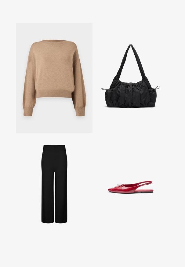 Gebreide trui in een lichtbruine tint. Heeft een ronde halslijn, verlaagde schouders en geribde manchetten en onderkant. Zachte textuur en cropped ontwerp.; Zwarte wijde broek met een elastische tailleband, met een gladde textuur en zonder zichtbare patronen of accenten.; Rode leren slingback platte schoen met een puntige neus en een decoratieve vetersluiting aan de voorkant, voorzien van een slanke enkelband en een platte zool.; Zwarte stoffen handtas met gerimpelde textuur, twee schouderbanden en een trekkoordsluiting aan de zijkanten. Glad, lichtgewicht materiaal.