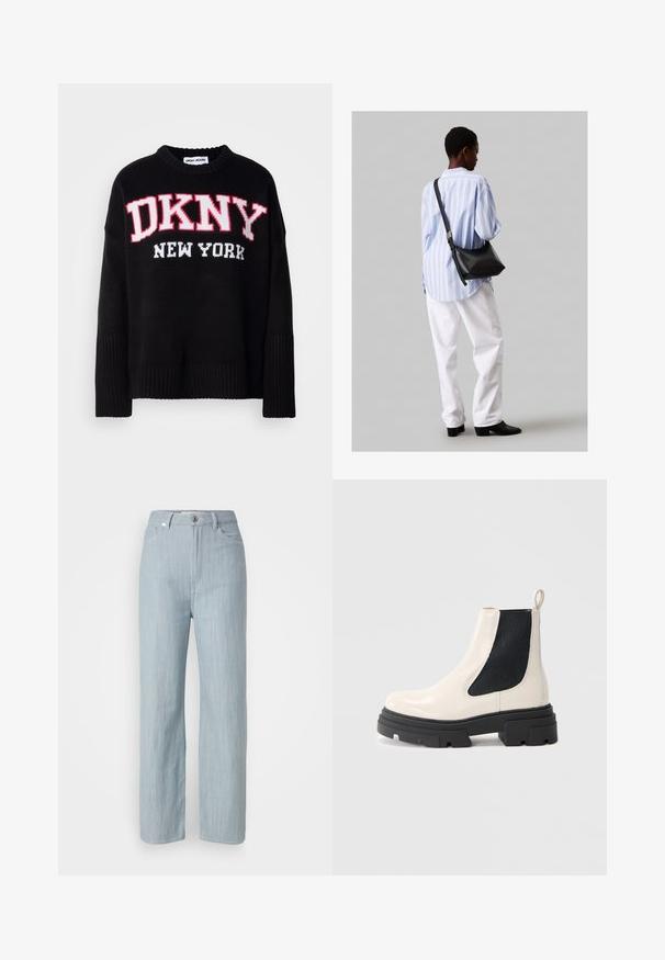 Μαύρο πλεκτό πουλόβερ με στρογγυλή λαιμόκοψη και ριμπ μανσέτες. Έντονο λογότυπο "DKNY" σε κόκκινο και άσπρο, με την ένδειξη "NEW YORK" από κάτω. Μαλακή υφή.; Γαλάζια τζιν παντελόνια με ίσια γραμμή, φτιαγμένα από τζιν ύφασμα. Διαθέτουν πέντε τσέπες, κλείσιμο με μεταλλικό κουμπί και λεπτές σιλουέτες που προσφέρουν υφή.; Κρέμ δερμάτινη μπότες Chelsea με χοντρή μαύρη σόλα και ελαστική μαύρη πλευρική πάνελ σε λευκό φόντο.; Μαύρη δερμάτινη τσάντα ώμου με απαλή υφή, τριγωνικό σχήμα και ρυθμιζόμενο λουρί, συνδυασμένη με ένα ανοιχτό μπλε ριγέ πουκάμισο και λευκό παντελόνι.