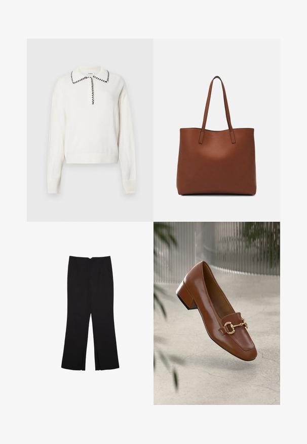 Vit stickad tröja med svart kantad krage, med knapplist och ribbade manschetter och nederkant för en figurnära look.; Svarta byxor med rak passform, utrustade med framfickor och sidoklyvningar vid fållen. Tillverkade av mjukt, slätt tyg. Lämpliga för olika tillfällen.; Brun lackläder loafer med fyrkantig tå, metallkedja som accent och låg blockklack; slät textur, minimalistisk design.; Brun läder tote-väska med en slät textur, öppen toppdesign och två axelremmar. Har minimal söm och ingen synlig metalldetalj.