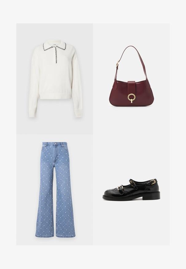 Biały sweter z dzianiny z kołnierzykiem wykończonym czarnym obszyciem, z zapięciem na guziki oraz ściągaczami przy mankietach i dolnym brzegu, zapewniającymi dopasowany wygląd.; Jasnoniebieskie rozszerzane dżinsy z wzorem w kropki z białych i srebrnych ćwieków, ze standardowym paskiem w talii i zapięciem na guziki z przodu.; Czarne skórzane buty z detalami brogu, z dwoma klamrami, okrągłym noskiem i niskim obcasem. Gładka tekstura z błyszczącym wykończeniem.; Burgundowa skórzana torebka w kształcie zakrzywionym, z złotym okrągłym akcentem ozdobnym i pojedynczym paskiem na ramię. Gładka powierzchnia, minimalistyczny design.