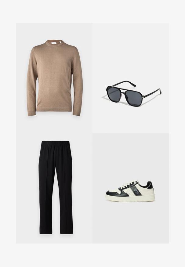 Only & Sons ONSALEX CREW NECK - Svetr - desert taupe; Černé kalhoty s elastickým pasem a rovnými nohavicemi, s hladkým povrchem a bez viditelných vzorů nebo kovových doplňků.; Kožené tenisky s černobílou barevnou kombinací, které mají perforované detaily, polstrovaný límec a texturovanou podrážku.; Černé sluneční brýle s osmiúhelníkovým rámem, tmavými čočkami, lesklým povrchem, tenkými nožičkami a zlatými akcenty na přední části.; Pět stříbrných prstenů: jeden s černým kulatým detailem, jeden s bílým a černým geometrickým vzorem, a další s různými tvary a povrchy.