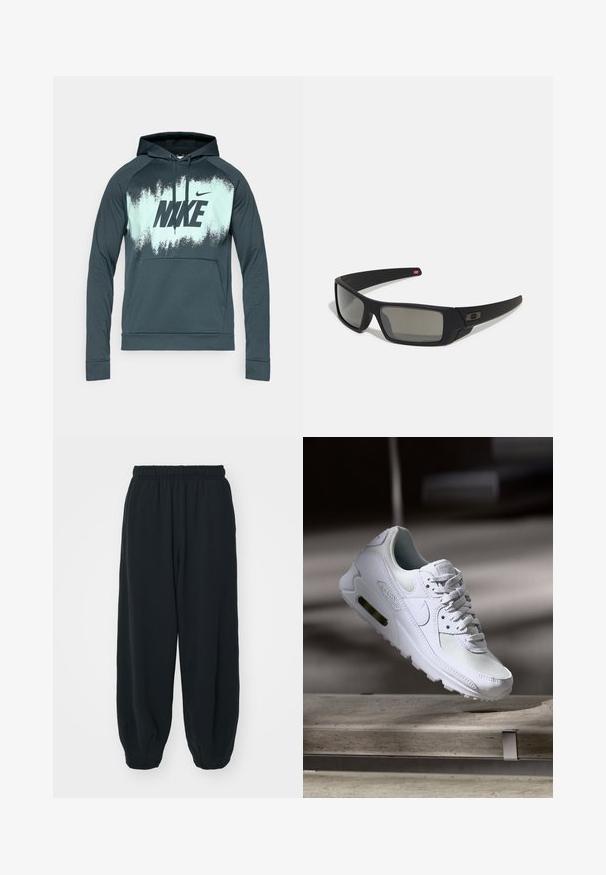 Tamnozeleni dukserica s kenguruvim džepom, s pozadinom u mint gradijentu i velikim crnim "NIKE" logom sprijeda.; Crne, dukserice s elastičnim strukom, širokog kroja, s manžetama na gležnjevima, glatke teksture i bez vidljivih uzoraka ili metalnih detalja.; Bijela Nike Air Max 90 tenisica s gornjim dijelom od mrežice i kože, perforiranim prstima i vidljivom zračnom jedinicom u peti.; Crne sunčane naočale s mat površinom, pravokutnim staklima, blagim zakrivljenjima na sljepoočnicama, suptilnim logotipom i dimnim staklima.