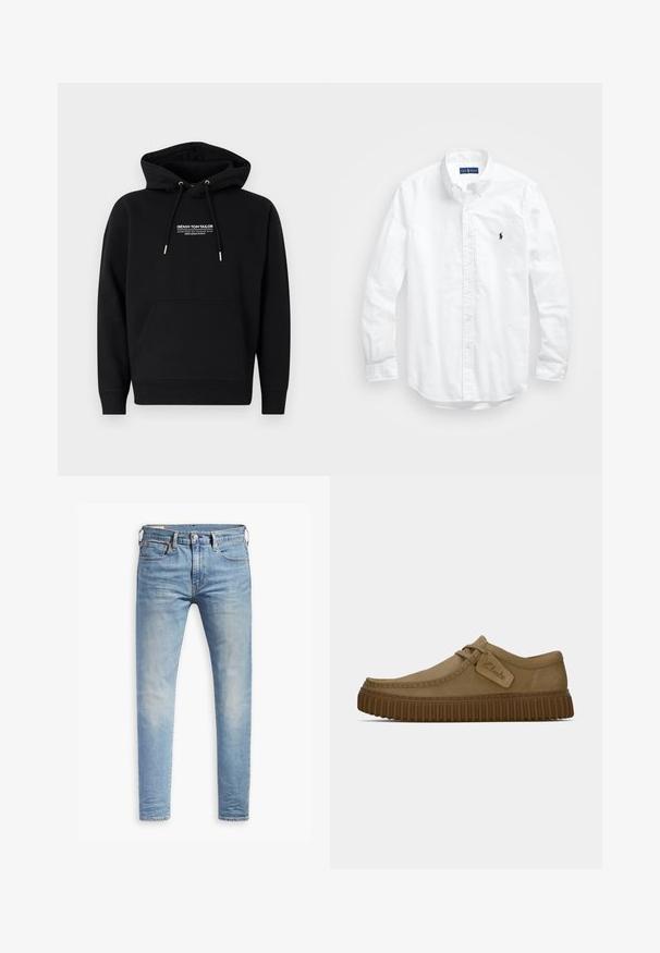 Čierna mikina so zmesou bavlny. Má predné kengurkové vrecko, kapucňu so šnúrkou a biely potlačený logo na hrudi. Štandardný strih.; Biele dlhé rukávy košele so zapínaním na gombíky z bavlny. Má klasický golier, gombíkové manžety a malú tmavomodrú vyšitú logo na hrudi.; Svetlo modré úzke džínsy s miernym prehrdzavením na stehnách, predným gombíkovým zapínaním, pútkami na opasok a štýlom s piatimi vreckami na bielom pozadí.; Svetlohnedé semišové topánky s okrúhlym špičkou, prešitou detailnou úpravou a ribbovanou hnedou gumovou podrážkou. Obsahujú bočný štítok s logom "Clarks".