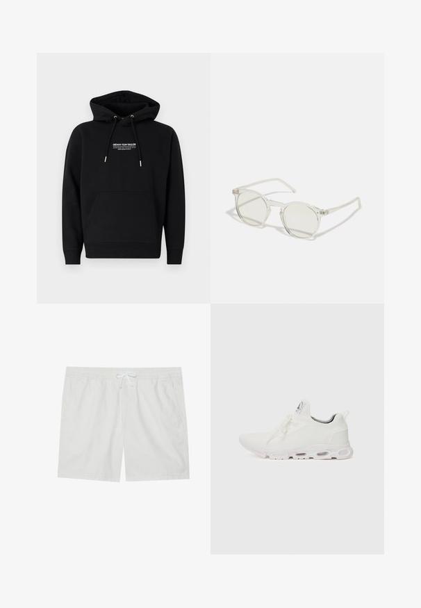 Hanorac negru din material din amestec de bumbac. Include un buzunar frontal tip cangur, un glugă cu șnur și un logo alb imprimat pe piept. Croială standard.; Șorturi albe din bumbac, cu talie elastică și șnur, având două buzunare laterale și linii curate, oferind un design simplu.; Adidași albi cu un superior din țesătură texturată, șireturi plate și o talpă cu perne de aer vizibile pentru suport suplimentar.; Ochelari de soare rotunzi cu un cadru transparent, cu lentile verde deschis și temple subțiri, clare. Prezintă accente subtile din metal pe cadru.