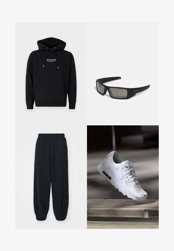 Czarna bluza z kapturem wykonana z mieszanki bawełny. Posiada przednią kieszeń kangurzą, kaptur ze sznurkiem oraz białe logo nadrukowane na klatce piersiowej. Standardowy krój.; Czarne dresy z elastycznym pasem, luźny krój, ściśnięte nogawki, gładka tekstura, bez widocznych wzorów lub ozdób.; Białe sneakersy Nike Air Max 90 z siateczkowym i skórzanym wierzchem, perforowanym czubkiem oraz widoczną jednostką Air w pięcie.; Czarne okulary przeciwsłoneczne z matowym wykończeniem, prostokątne soczewki, lekko wygięte zauszniki, subtelny detal z logo oraz szkła w odcieniu dymnym.
