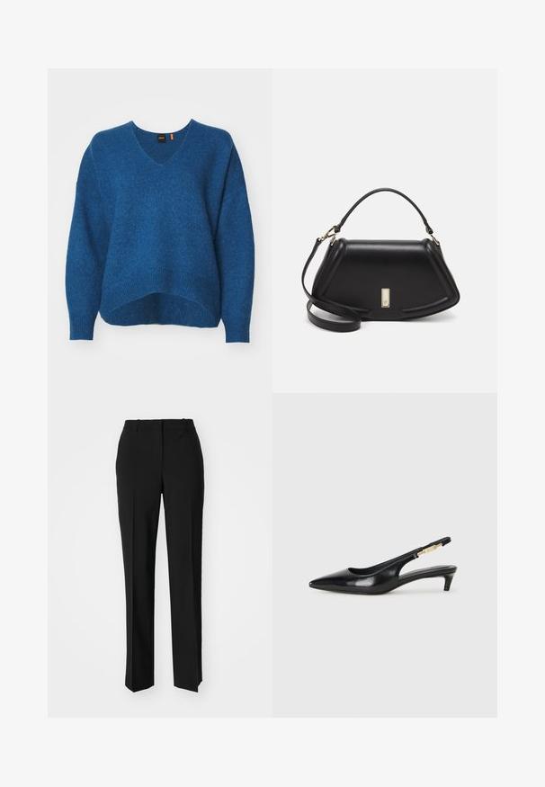 Modrá pletená sveter s výstrihom do V, voľným strihom, spustenými ramenami a rebrovaným lemom. Mäkká textura s mierne voľným siluetou.; Čierne krajčírské nohavice so strihom rovného nohu, s hladkou textúrou a ostrými skladmi pozdĺž prednej časti. Žiadne viditeľné hardvér.; Čierne kožené slingback opätky s špicatou špičkou, s úzkym opätkom a zlatým detailom na nastaviteľnom remienku. Hladká textúra.; Čierna kožená kabelka so štruktúrovaným dizajnom, s krátkym tvarom, hornou rúčkou a zlatými prvkami. Súčasťou je nastaviteľný ramenný popruh.