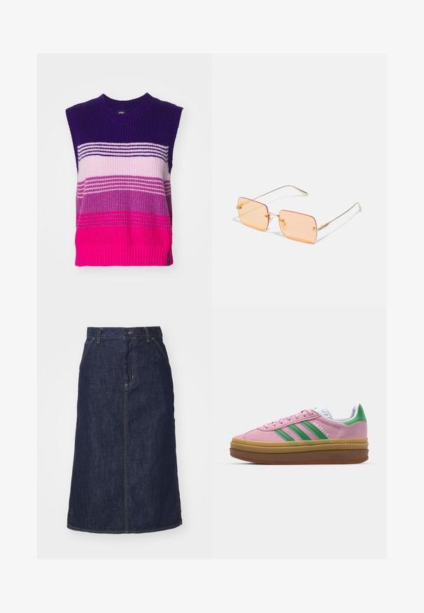 Varrukateta kudumipsakk, millel on horisontaalsed triibud tumepunasest, helesinisest ja fuksiasest. Tekstuuriga kangas, millel on soonikkoes krae ja äär.; Tume denim.seelik kõrge vöökoha, sirge lõike, esikottide ja õmmeldud õmblustega. Vöökoht on varustatud luku ja nööbiga.; Roosa nahast tossud roheliste triipude, valgete aktsentide ja pruuni kummitaldiga. Omavad tekstuuriga kangast ja logo detaile külgedel.; Kuldne metallraamiga prillid, millel on ristkülikukujulised oranžid läätsed. Silmapaistvad õhukesed käed ja peened tekstuurilised aksendid hinge lähedal.; Kulla värvi nõelad, õhukesed ja ümmargused, millel on sile metallist pind ja ilma kaunistuste või mustriteta.