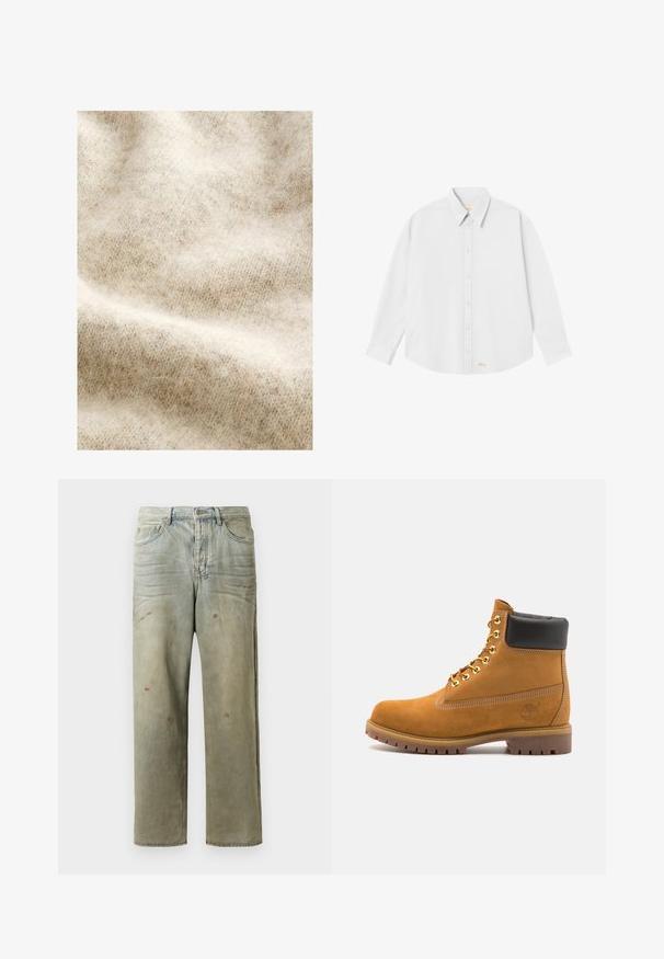 Tessuto di lana beige chiaro con una consistenza morbida e pelosa, caratterizzato da un sottile motivo a spina di pesce e leggere variazioni di colore.; Camicia bianca con colletto classico, maniche lunghe e orlo arrotondato; presenta un piccolo logo arancione sul lato sinistro in basso.; Jeans in denim strappato di colore verde chiaro, con gamba dritta, design a cinque tasche, sbiaditure irregolari e schizzi di vernice.; Stivale alla caviglia in suede tan con collare imbottito nero, occhielli in metallo dorato, dettagli in cucitura bianca e suola in gomma robusta con battistrada pronunciato.