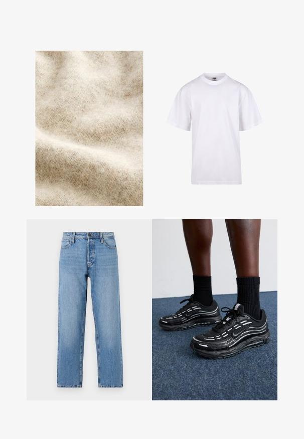 Lichtbeige wollen stof met een zachte, fluweelachtige textuur, voorzien van een subtiel visgraatpatroon en lichte kleurvariaties overal.; Witte katoenen t-shirt met een ronde hals, korte mouwen en een relaxte pasvorm. Heeft een eenvoudig ontwerp zonder patronen of accenten.; Lichtblauwe denim jeans met een recht beenontwerp, voorzien van een knoop- en ritsluiting, vijf zakken en subtiele vervaging.; Zwarte Nike-schoenen hebben een bovenwerk van mesh met accentstreepjes, getextureerde veters en een zwarte rubberen zool. Draag ze met zwarte geribde sokken.