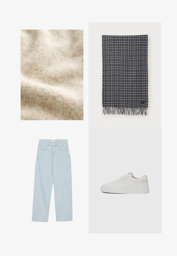 Tissu en laine beige clair avec une texture douce et duveteuse, présentant un motif à chevrons subtil et de légères variations de couleur.; Jeans en denim bleu clair à large jambe, avec une taille mi-haute, cinq poches et une fermeture à bouton avec un accent métallique fin.; Baskets blanches en cuir, à tige basse, avec un bout rond, une semelle en caoutchouc blanc plate et des détails de couture minimalistes. Lacets maintenus par six œillets.; Écharpe en laine tissée à carreaux bleu marine foncé et crème, ornée de bords frangés et d'une petite étiquette noire. Texture douce avec une forme rectangulaire.