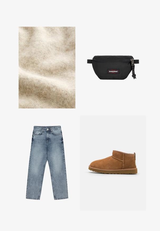 Light beige wool fabric with a soft, fuzzy texture, featuring a subtle herringbone pattern and slight color variations throughout.; Light blue denim jeans with a straight leg cut, visible stitching, five pocket design, and a button closure at the waist.; Tan suede ankle boot with a rounded toe, subtle stitching details, and a textured rubber sole. Short height without laces.; Black waist bag made of durable fabric, featuring a zip closure, adjustable strap, and a red and black logo patch on the front.
