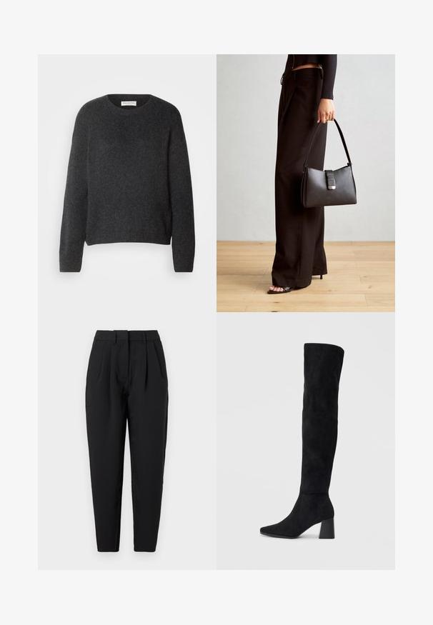 Marc O'Polo LONGSLEEVE ROUNDNECK - Strickpullover - deep grey melange; Schwarze Hose mit geradem Schnitt, die auf der Vorderseite Falten hat, eine glatte Textur und seitliche Taschen bietet. Der Bund hat eine Standardhöhe.; Schwarze Wildleder-Stiefel bis zum Knie mit Blockabsatz, spitzer Zehe und glattem, nahtlosem Design auf einem schlichten, hellen Hintergrund.; Schwarze Handtasche mit strukturierter Form, glatter Textur und einem metallischen Verschluss. Kombiniert mit weiten schwarzen Hosen und offenen Sandalen auf einem Holzboden.