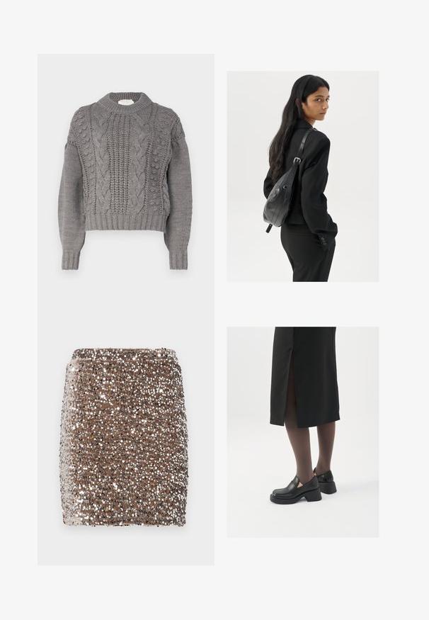 Vero Moda VMKEYSA - Strickpullover - medium grey; Brauner, glitzernder Minirock mit taillierter Passform, bedeckt mit reflektierenden silbernen Pailletten, die einen strukturierten, schimmernden Effekt erzeugen.; Schwarze Lederschuhe mit abgerundetem Zeh, dicker Blockabsatz und elastischen seitlichen Akzenten, kombiniert mit dunklen Strumpfhosen und einem schwarzen Rock mit Schlitz.; Frau mit langen dunklen Haaren, die einen schwarzen Anzug trägt und eine schwarze Lederschultertasche hält, schaut über ihre Schulter vor einem weißen Hintergrund.; Silberne Creolen mit minimalistischem Design. Rundform, glatte Oberfläche und dünnes Profil. Leichtgewichtig mit hochglänzender Oberfläche.