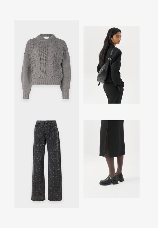 Vero Moda VMKEYSA - Džemper - medium grey; Noisy May NMJANNEL LOOSE - Avar lõikega teksad - black denim; Mustad mustad jalatsid ümmarguse varbaga, paksu plokkniidi ja elastsete külgdetailidega, kombineeritud tumedate sukkade ja musta lõhikuga seelikuga.; Pikkade tumehaired naine mustas ülikonnas, kandes musta nahast õlakotti, vaatab üle õla valge tausta taustal.; Hõbedased rõngastikkaehingad minimalistlikus disainis. Ümar kuju, sile tekstuur ja õhuke profiil. Kerged ning poleeritud viimistlusega.