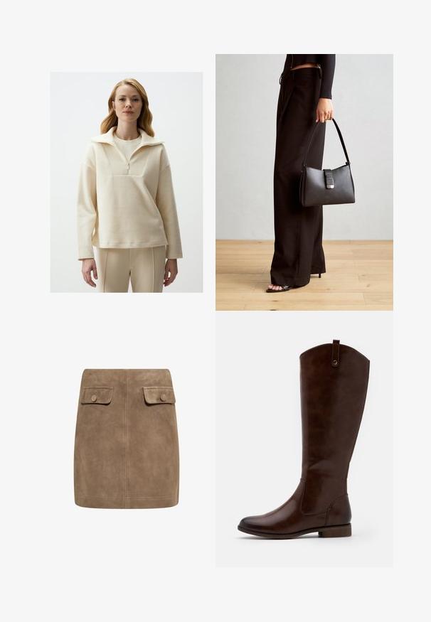 Helles Creme-Pullover aus strukturiertem Stoff, mit hohem Kragen, Reißverschluss und lockerer Passform. Kombiniert mit beigen, enganliegenden Hosen.; Brauner Wildleder-Minirock mit glatter Textur, ausgestattet mit zwei vorderen Klappentaschen und Druckknopfverschlüssen an beiden Seiten. Schlichtes, gerades Design.; Braune kniehohe Stiefel aus glattem Leder, mit runder Zehenform, niedrigem Blockabsatz und einem dezente Stichmuster an den Seiten.; Schwarze Handtasche mit strukturierter Form, glatter Textur und einem metallischen Verschluss. Kombiniert mit weiten schwarzen Hosen und offenen Sandalen auf einem Holzboden.