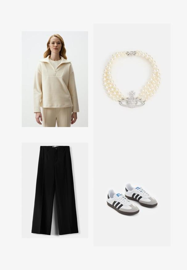 Pull léger en crème fabriqué dans un tissu texturé, avec un col haut, une fermeture éclair et une coupe ample. Assorti à un pantalon beige ajusté.; Pantalons larges noirs en tissu léger, avec une fermeture à bouton à l'avant et un devant plat, dotés d'ourlets soigneusement cousus.; Baskets avec une tige en cuir blanc, un bout en daim gris et trois bandes noires. Présente un logo bleu sur la languette et une semelle en caoutchouc texturée.; Vivienne Westwood THREE ROW RELIEF CHOKER - Collier - silver-coloured/white