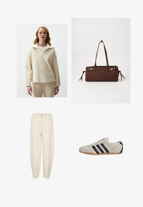 Jasny kremowy sweter z fakturowanej tkaniny, z wysokim kołnierzem, zamkiem błyskawicznym i luźnym krojem. Połączony z beżowymi dopasowanymi spodniami.; Jasnobeżowe bawełniane spodnie o luźnym kroju, zwężających się nogawkach, przednich kieszeniach i pojedynczym guziku przy pasie.; Zamszowe trampki z szarym cholewką, czarnymi paskami i gumową podeszwą. Posiadają sznurowane zapięcie oraz złoty detal z logo po boku.; Brązowa zamszowa torba na ramię z dwoma paskami, złotymi detalami i regulowanymi sznurkami po bokach. Posiada zamek błyskawiczny i gładką fakturę.