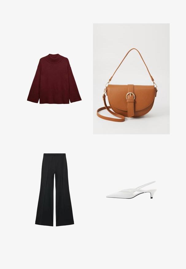 Burgundy neulepaita, jossa on korkea, ribattu mock neck, leveät hihat ja teksturoitu alahelma, jonka ilme on rento ja laatikkomainen.; Mustat leveälahkeiset housut, joissa on sileä pinta, etupuolella laskokset ja muotolaskettu malli. Kangas on kevyttä ja laskeutuvaa.; Valkeat nilkkaremmikengät, joissa on terävä kärki, sileä päällinen, hienovaraiset aukot ja matala lohkopohja. Musta pohja korostaa muotoilua.; Ruskean nahkainen olkalaukku, jossa on kaareva muoto, kultaiset yksityiskohdat ja solkiyksityiskohta. Varustettu irrotettavalla olkahihnalla.