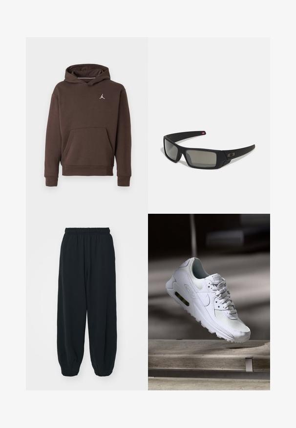 Hoodie maro cu glugă, dotat cu buzunar frontal de tip kangaroo și un mic logo Jumpman alb pe piept.; Pantaloni de trening negri, cu talie elastică, cu o croială lejeră, la baza pantaloni fiind strânși, având o textură netedă și fără modele sau accente metalice vizibile.; Adidașii Nike Air Max 90 albi, având un superior din plasă și piele, cutie pentru degete perforată și o unitate de aer vizibilă în călcâie.; Ochelari de soare negri cu o finisare mată, lentile dreptunghiulare, curbură ușoară pe bănci, detaliu subtil cu logo și lentile cu tentă fumurie.