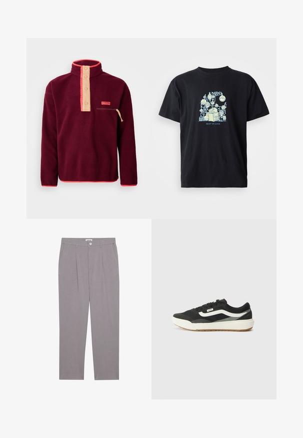 Burgundska flisasta majica s visokim ovratnikom, kremasto obojena dugmad, džep na prsima sa zatvaračem i kontrastnim narančastim detaljima.; Črna kratka majica s kratkimi rokavi z lahkotno modro grafiko, ki vključuje različne elemente v cartoon slogu in besedilom "NAJBOLJŠI V RAZREDU."; Sive elegantne hlače s ravnim krojem, ki imajo dve sprednji žepni, pliskane in gumbasto zapiranje. Narejene so iz lahko tkanine.; Črne superge z belimi detajli, ki imajo gladek sintetični zgornji del, okroglo obliko in gumijast podplat, v kombinaciji s svetlobezžno hlačami.