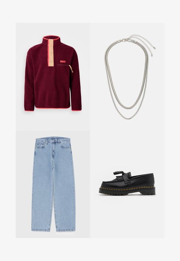 Burgunderfleecepullover med høy krage, kremfarget knapplisting, brystlomme med glidelås og kontrastfarge i oransje.; Lyseblå denimjeans med rett ben-design, med mid-rise liv, fem lommer og knap og lynlås lukning.; Svart skinn loafers med en kvastdetalj, med en tjock svart sula och gul sömnad längs kanten. Texturerad yta.; Tre-lags sølvmetallkjede med elegante, fleksible kjeder med en svak glans, sikret med en krabbe-lås og justerbar kjede.