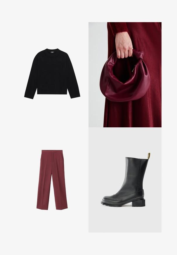 Černý svetr s kulatým výstřihem a dlouhými rukávy, ribbené manžety a spodní lem, vyrobený z měkkého materiálu. Jednoduchý, čistý design bez vzorů nebo akcentů.; Bordové kalhoty s širokými nohavicemi a hladkým povrchem, s bočními kapsami a vysokým pasem. Ušity s čistým předním záhybem.; Černá kožená kotníková bota s blokovým podpatkem, hladkým povrchem, zaoblenou špičkou a poutkem na patě s žlutým brandingem.; Burgundská kožená kabelka s měkkým, nabíraným designem a zaobleným tvarem. Ucho je zajištěné a vykazuje hladkou texturu.