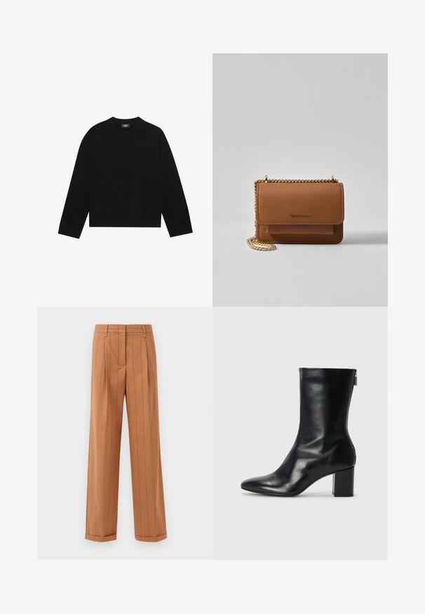 Crni pulover s okruglim izrezom i dugim rukavima, s rebrastim manžetama i rubom, izrađen od mekog materijala. Jednostavan, čist dizajn bez uzoraka ili akcenata.; Smeđe hlače s prugicama i krojem po mjeri, s nabranim detaljima, ravnim krojem i manžetama na rubu. Izrađene su od glatkog materijala.; Crne kožne gležnjače s oštrim vrhom i blok petom visokom 4 cm. Elegantni dizajn s bočnim patentnim zatvaračem za jednostavno obuvanje. Glatka tekstura.; Smeđa kožna torba preko tijela s teksturom, zlatnim lančićem i preklopom na zatvaranju. Na prednjoj strani nalazi se detalj s potpisom i džep ispod preklopa.
