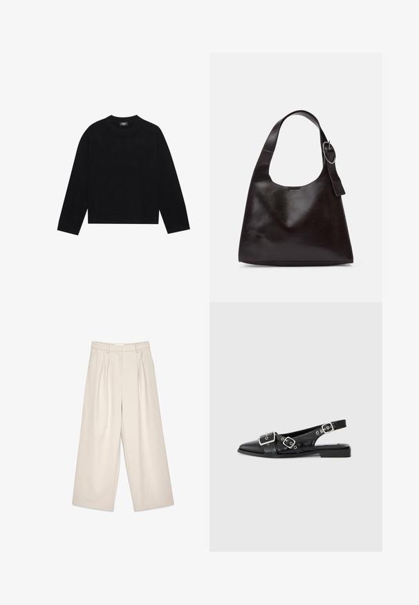 Black crew-neck sweater with long sleeves, ribbed cuffs and hem, made of soft material. Simple, clean design without patterns or accents.; Beige wide-leg trousers with pleats, featuring a smooth texture and belt loops. Tailored cut, offering a loose fit around the legs.; Black leather slingback shoe with a pointed toe, two silver buckles, and a low block heel. Features a textured upper and open back.; Brown leather shoulder bag with a smooth texture, rounded shape, wide strap, and circular metallic accent on the handle.