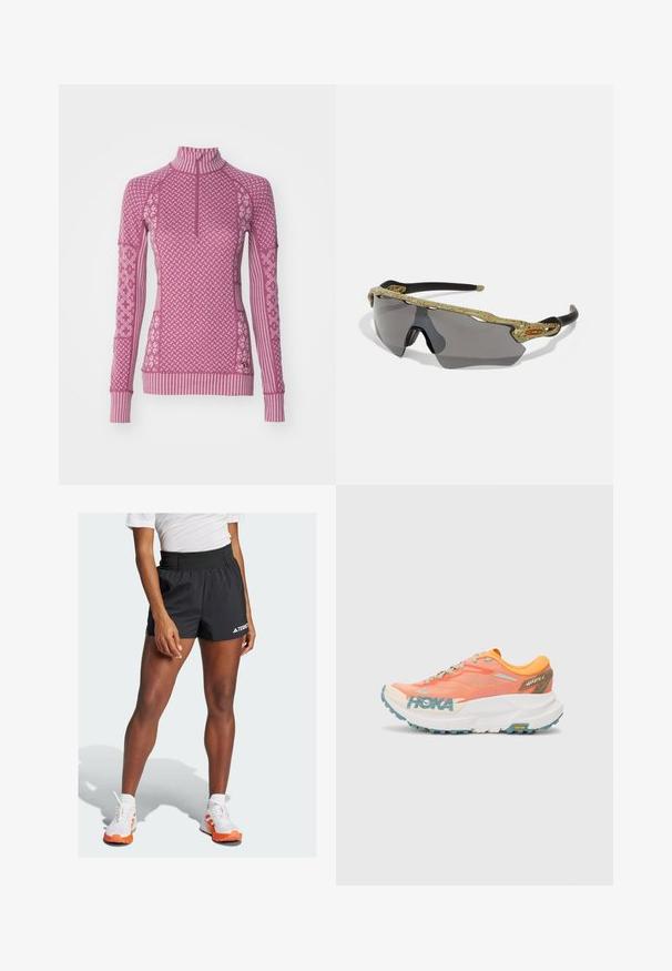 Kari Traa SMEKKER H/Z - Camisola - plum; Calções atléticos pretos com um cinto largo, apresentando o texto "TERREX" e um logótipo da Adidas. Combinados com sapatilhas brancas com detalhes em laranja.; Sapatilha de corrida laranja e rosa com parte superior em malha, entressola branca, sola Vibram e detalhes em azul claro. Apresenta a marca HOKA na lateral.; Óculos de sol desportivos com uma armação padrão verde, braços pretos e lentes cinzentas. O design apresenta um estilo envolvente com uma forma ousada e desportiva.