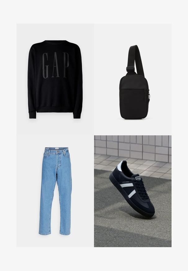 GAP Sportska majica - black; Svijetloplave traperice s visokim strukom i ravnim nogavicama, s prednjim gumbom, zatvaranjem na zatvarač, petljama za remen i dizajnom s pet džepova na bijeloj pozadini.; Crne kožne tenisice s bijelim prugama, strukturirana gumena potplate i vezanjem sprijeda. Ima oznaku brenda na jeziku.; Crna torba preko tijela napravljena od izdržljive tkanine, s jednim podesivim remenom, glavnim odjeljkom na patentni zatvarač i prednjim džepom.