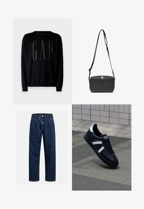 GAP Mikina - black; Tmavo modré džínsy s rovnými nohavicami. Obsahujú viditeľné švy, zapínanie na gombík a predné skladanie pre zvýraznenie detailov.; Čierne kožené tenisky s bielymi pruhmi, textúrovanou gumovou podrážkou a šnurovaním vpredu. Obsahujú označenie značky na jazyku.; Čierna kožená crossbody taška so zipsom, s embosovaným logom na prednej strane a nastaviteľným popruhom. Hladká textura a obdlžníkový tvar.