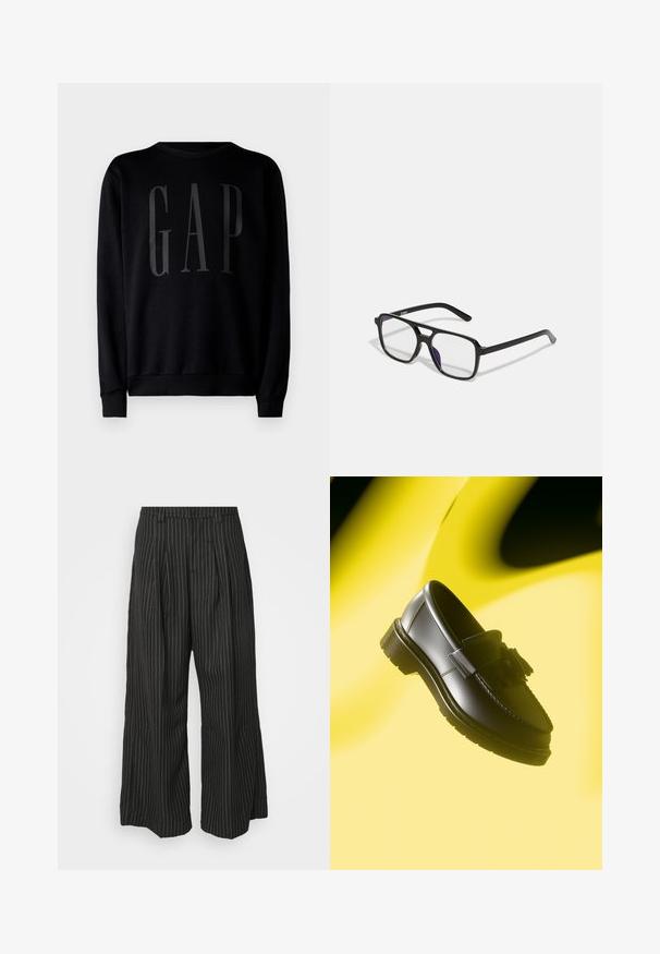 GAP Sweatshirt - black; Black pinstriped wide-leg trousers with pleats, featuring a tailored design and a soft texture. No visible hardware or accents.; Black leather loafers with a decorative tassel, featuring a stitched edge and thick, textured sole. Set against a yellow background.; Black rectangular glasses with clear lenses and a subtle purple tint, featuring sleek arms and a minimalist design.
