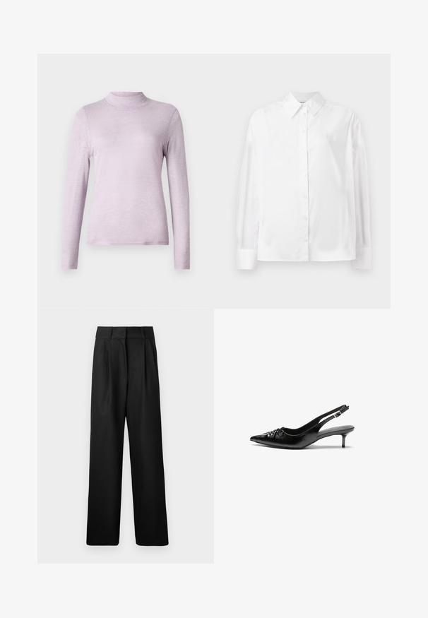Svijetlo lavanda majica dugih rukava s visokim ovratnikom, izrađena od meke, teksturirane tkanine; uski kroj s visokom, čvrsto prianjajućom ovratnikom.; Bjela košulja dugih rukava s dugmadi, napravljena od glatke mješavine pamuka. Ima klasični ovratnik, prednje zatvaranje na dugmad te zakrivene manžete.; Crne široke hlače s glatkom teksturom, s prednjim nabora i visokim strukom. Izrađene od lagane tkanine.; Crne kožne sandale na petu s ikkrenim nosom, malom kitten petom i dekorativnom mašnom sprijeda. Glatka tekstura svuda.