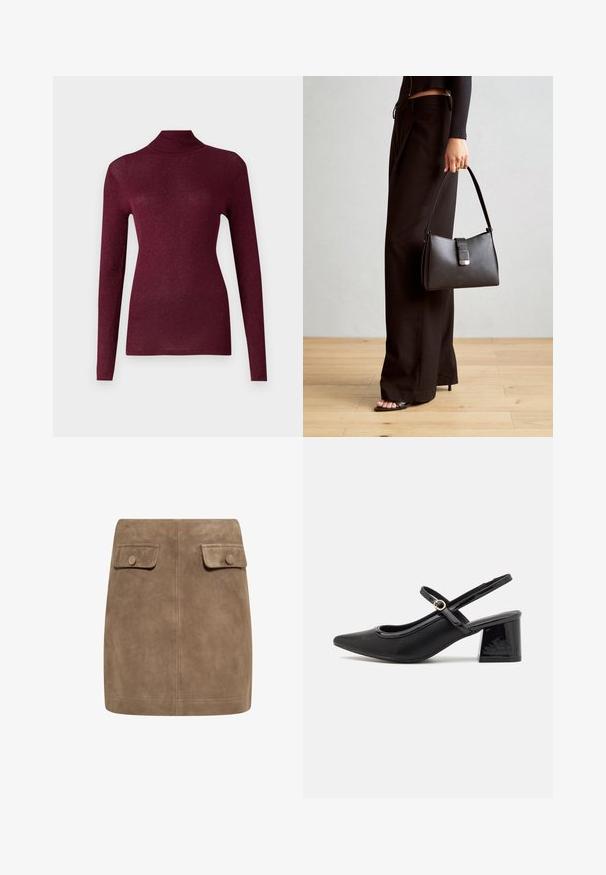 Bordo dugi rukav turtleneck pulover od rebraste pletenine s suptilnim sjajem, s prilagođenim siluetom i visokim vratom.; Smeđa nubuk mini suknja s glatkom teksturom, koja ima dva prednja džepa s preklopom i dugmad za zatvaranje s obje strane. Jednostavan, ravni dizajn.; Crne lakirane slingback visoke potpetice s šiljastim vrhom, zaobljenim izrezom i blok potpeticom. Sadrži akcent zlatnog tona s kopčom.; Crna torba s oblikom koji sadrži strukturu, glađu teksturu i metalnu kopču. Uparena s širokim crnim hlačama i sandalama na otvorenom s drvenog poda.