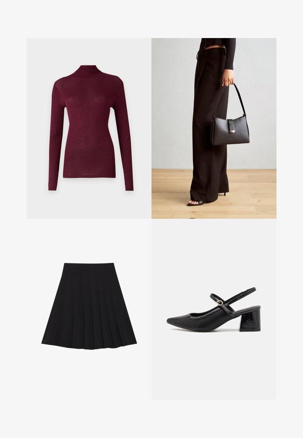 Burgundy pitkähihaine turtleneck-paita ribbikudonnasta, jossa on hienovarainen kiilto, ja se on muotoiltu tiukaksi siluetiksi ja korkeaksi kaulukseksi.; Musta taitettu hame, joka on valmistettu teksturoidusta kankaasta ja jossa on tiukka vyötärö. Laskeutuu polveen, ja siinä on suora ja siisti siluetti.; Musta lakattu nahka slingback-korkokengät, joissa on terävä kärki, pyöreä aukko-muotoilu ja lohkokorko. Varustettu kultasävyisellä solkiyksityiskohdalla.; Musta käsilaukku, jossa on rakenteellinen muoto, sileä pinta ja metallinen solki. Yhdistetty leveisiin mustiin housuihin ja avonaiheisiin sandaaleihin puulattialla.
