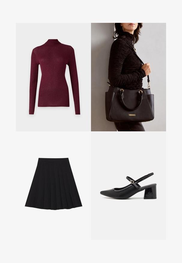Burgunderfarbener Langarm-Pullover mit Rollkragen aus geripptem Strickstoff mit subtiler glänzender Oberfläche, der eine figurbetonte Silhouette und hohen Kragen aufweist.; Schwarzer, plissierter Rock aus strukturiertem Stoff mit einem taillierten Bund. Fällt knielang und hat eine glatte, klare Silhouette.; Schwarze Lackleder-Slingback-Absätze mit spitzer Zehenform, einem runden Ausschnitt-Design und einem Blockabsatz. Mit einem goldfarbenen Schnallenakzent.; Schwarze Handtasche mit strukturierten Oberflächen, doppelten Obergriffen und verstellbarem Schultergurt. Mit goldfarbener Hardware und Seitentaschen.