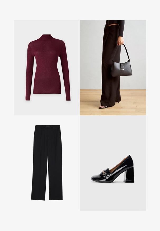 Burgundi hosszú ujjú garbós pulóver bordázott, enyhén csillogó anyagból, testhezálló fazonnal és magas nyakkal.; Fekete nadrág egyenes szárú kialakítással, két első zsebbel és derékrésszel. Simának és könnyű anyagból készült.; Fekete lakkbőr magassarkú cipő hegyes orral és tömbsarkal. Díszes pánt és csatt részlet található a cipő elején.; Fekete kézi táska strukturált formával, sima textúrával és fémből készült záródással. Széles fekete nadrággal és nyitott orrú szandállal párosítva, fából készült padlón.
