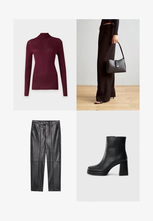 Burgundy long-sleeve turtleneck sweater in ribbed knit fabric with a subtle shimmer, featuring a fitted silhouette and high neck.; Black leather trousers with a smooth texture, featuring a straight fit, two front pockets, and visible seam detailing.; Black leather ankle boot with a block heel and platform sole, viewed from the side on a plain white background.; Black handbag with structured shape, smooth texture, and a metallic clasp. Paired with wide black pants and open-toe sandals on wooden floor.