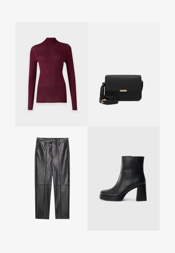 Burgunderfarget langermet genser med høy hals i ribbestrikket stoff med subtil glans, med en tettsittende silhuett.; Sorte lærbukser med en glat tekstur, der har en lige pasform, to forlommer og synlige sømdetaljer.; Sorte skinnankelsko med blokkhæl og plattformsåle, sett fra siden på en enkel hvit bakgrunn.; Svart skinn crossover-veske med klafflås, detaljer i gull, justerbar stropp og teksturert overflate. Kompakt rektangulær form.