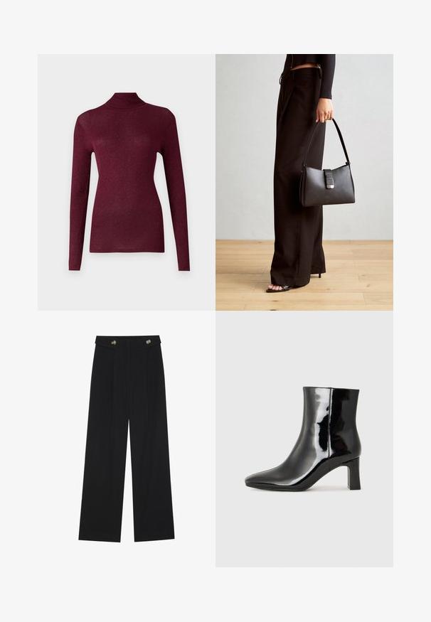 Bordo pulover z dolgimi rokavi in polo vratom iz rebraste tkanine z diskretnim sijajem, ki se ponaša z oprijetim krojem in visokim vratom.; Črne široke hlače s visokim pasom, gumbnimi detajli na pasu in sprednjimi gubami.; Črne lakirane gležnjarje z ošiljenim nosom in srednje visokim blokastim peto. Gladka tekstura in minimalističen dizajn.; Črna torbica z strukturirano obliko, gladko teksturo in kovinskim zaponko. Ujemajo se z širokimi črnimi hlačami in odprtimi sandali na lesenem tleh.