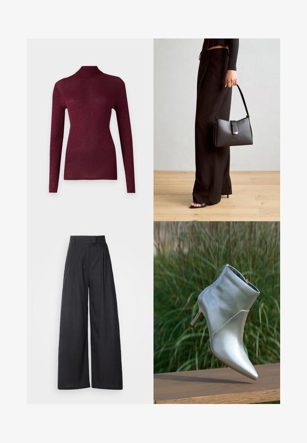 Burgundijas ilgām piedurknēm turtleneck džemperis ribots adījums ar smalku spīdumu, ar piegulošu siluetu un augstu apkakli.; Tumši, plataji svārki ar strukturētu jostas daļu un krokām. Izgatavoti no viegla auduma, ar gludu tekstūru un bez redzamām rakstu zīmēm.; Lustīga sudraba augstpapēžu potīšu zābaks ar smailo purngalu un rāvējslēdzēju, novietots uz koka virsmas zaļās zāles fona priekšā.; Melnā somiņa ar strukturētu formu, gludu tekstūru un metālu sprādzi. Saskaņota ar platām melnām biksēm un sandālēm ar atvērtu purngalu uz koka grīdas.