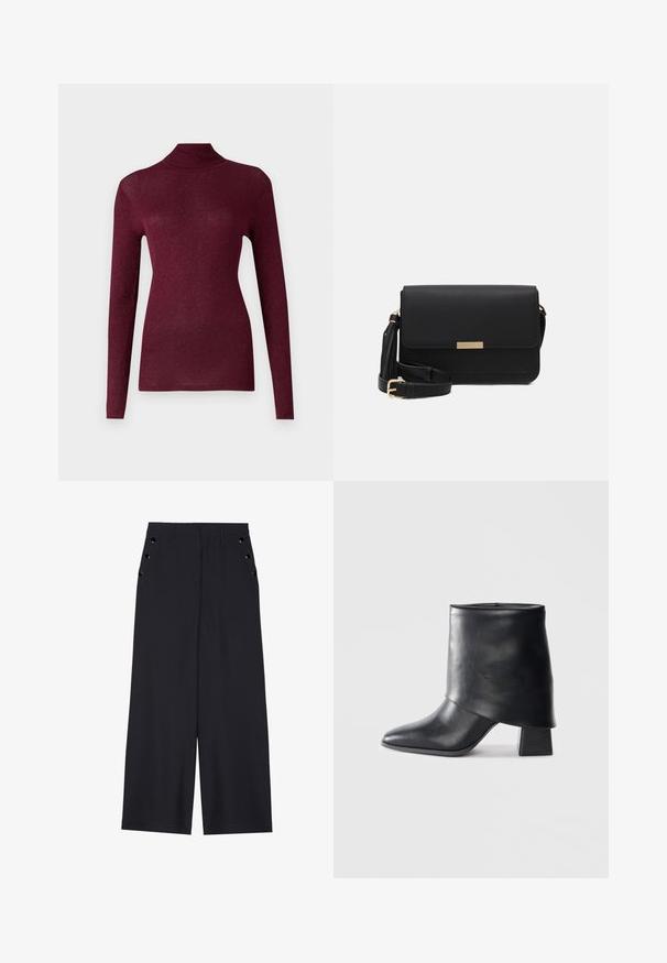 Burgundinė ilgomis rankovėmis turtleneck megztinis, pagamintas iš ribotos struktūros audinio su subtiliu blizgesiu, turintis aptemptą siluetą ir aukštą kaklą.; Platus kojas kelnes tamsiai mėlynos spalvos audiniu, pasižyminčiu lygiu paviršiumi, su priekine kloste ir dekoratyviais auksinės spalvos žiedais šonuose esančiose kišenėse.; Juodos odinės kulkšnės botai su smailiu pirštu, lygiu paviršiumi ir standžiu blokiniu kulnu. Ypatybė - aukštas, sulankstytas užkulnis.; Juoda odinė per petį nešama rankinė su uždarymu antklos, auksinių akcentų detalėmis, reguliuojama dirželiu ir tekstūruota paviršiumi. Kompaktiška stačiakampė forma.