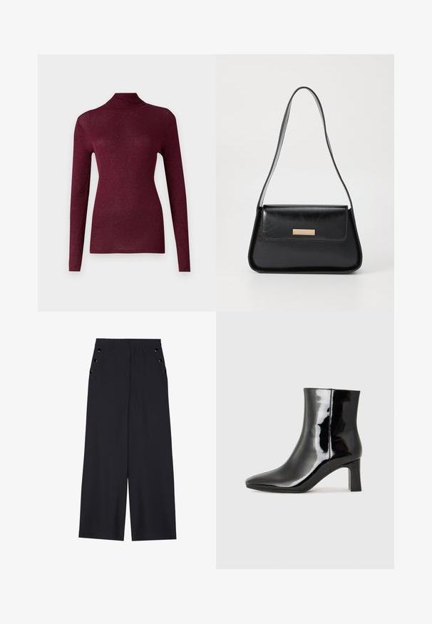 Burgundy pitkähihaine turtleneck-paita ribbikudonnasta, jossa on hienovarainen kiilto, ja se on muotoiltu tiukaksi siluetiksi ja korkeaksi kaulukseksi.; Avokkaat housut tummansinisestä kankaasta, joissa on sileä texture, etu laskokset ja koristeelliset kultasävyiset nauhat sivutaskuissa.; Musta patenttilakattu nilkkuri, jossa on terävä kärki ja keskipitkä lohkarekorko. Silkkinen pinta ja minimalistinen muotoilu.; Musta nahkalaukku, jossa on jämäkkä kolmiomainen muoto, kapea hihna ja kultasävyinen varustesarja, jossa on logopainatus etutaskussa.