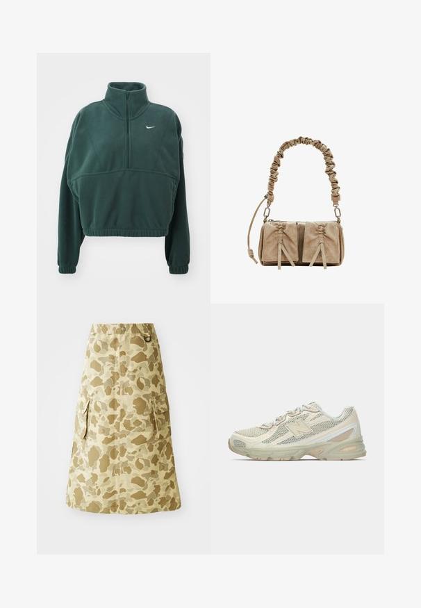 Nike Performance ONE - Suéter de forro polar - vintage green/white; Falda caqui con un patrón de camuflaje, fabricada en un material suave, con cintura elástica y dos bolsillos laterales.; Zapatillas ligeras con una parte superior de malla en beige y crema, que cuentan con un prominente logotipo "N", suela acolchada y acentos texturizados.; Bolso de ante beige con un asa de tela fruncida, dos bolsillos frontales con cierres ajustados y sutiles acentos de textura.
