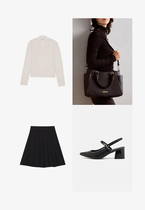 Lys beige langermet genser med V-hals, laget av mykt strikket materiale. Enkelt design med en litt kortere fasong og ingen synlige mønstre.; Svart plisserte skjørt laget av teksturert stoff med en tettsittende linning. Går til knelengde, med en glatt, ren silhuett.; Sorte lakk lær slingback hæler med spiss tå, et avrundet utskjæringsdesign og blokkheel. Har en gulltone spenne som detalj.; Svart håndveske med teksturert overflate, doble topphåndtak og justerbar skulderrem. Har detaljer i gulltone og sidelommer.